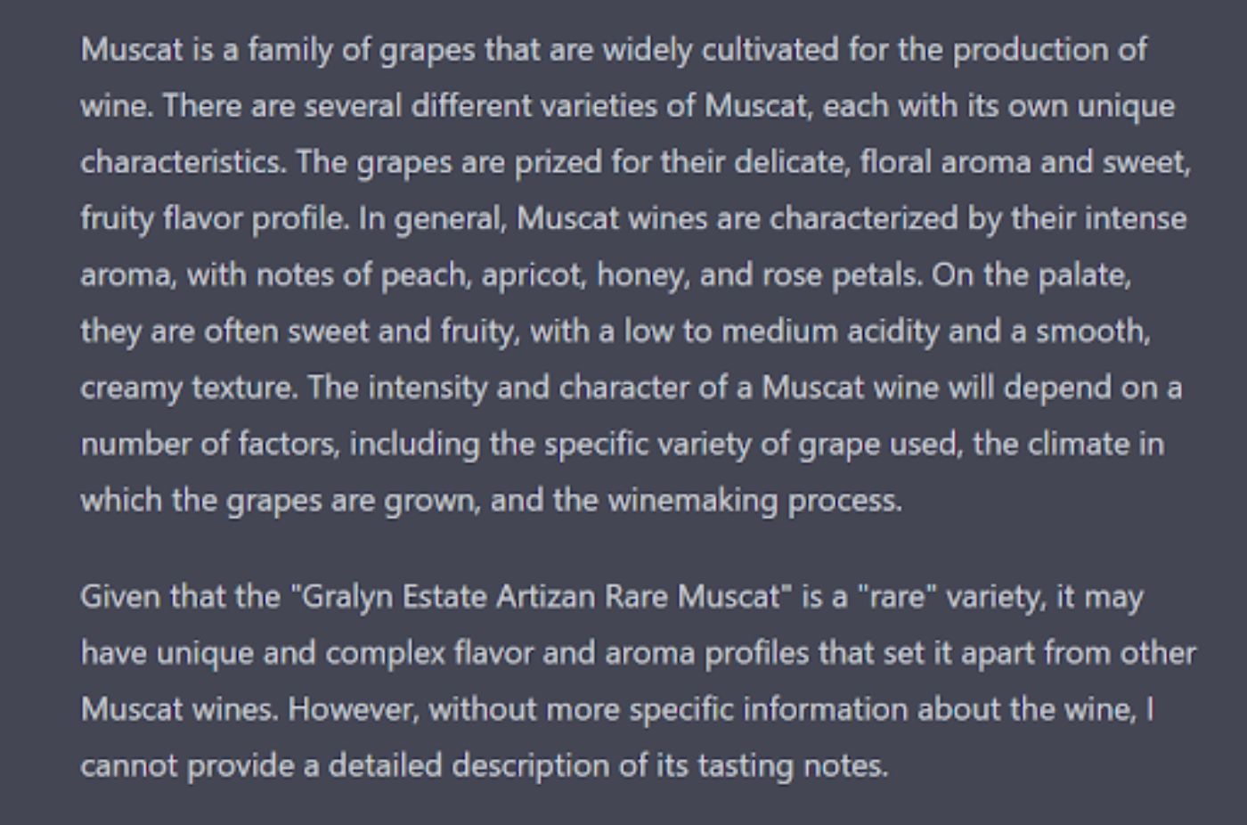 By ChatGPT on asking “Tasting notes of Gralyn Estate Artizan Rare Muscat”